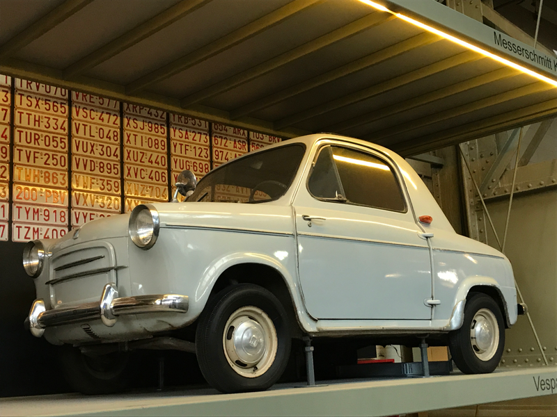 The microcars are kept up on shelves. This is a Vespa 400, Piaggio’s brief attempt at manufacturing a “real” car. These are actually lovely little microcars with one of the smoothest shifting gearboxes I’ve ever experienced. Piaggio had a deal with Fiat that they wouldn’t build a car in Italy, so these were manufactured in France, but Fiat was still pissed that an Italian company would compete with the 500, so they forced Piaggio to stop making these after a couple years.